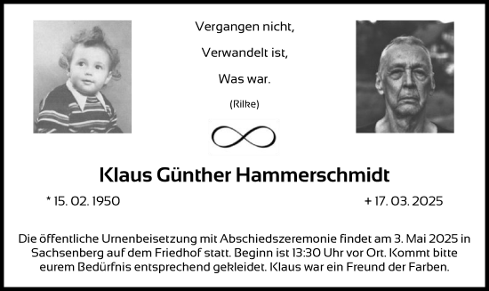 Todesanzeige von Klaus Günther Hammerschmidt von HNAWLZ