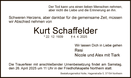 Todesanzeige von Kurt Schaffelder von HNA