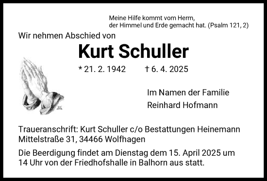 Todesanzeige von Kurt Schuller von HNA