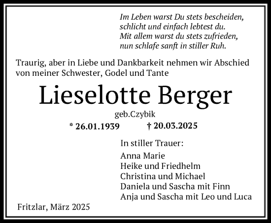 Todesanzeige von Lieselotte Berger von HNA