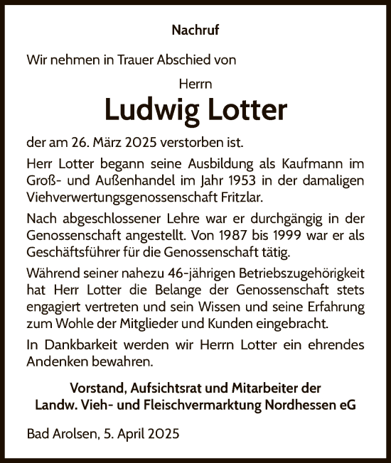 Todesanzeige von Ludwig Lotter von HNA