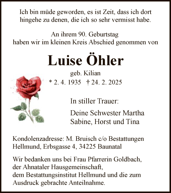 Todesanzeige von Luise Ohler von HNA