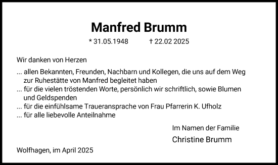 Todesanzeige von Manfred Brumm von HNAHNA