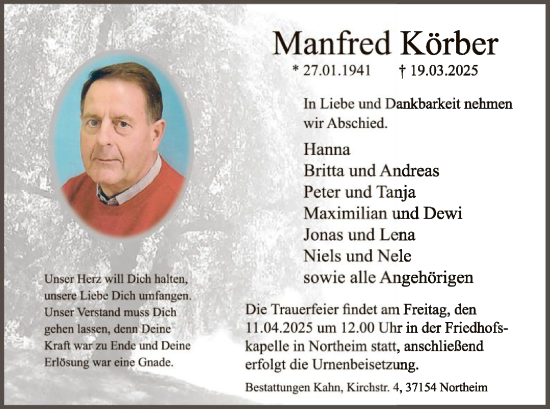 Todesanzeige von Manfred Körber von HNA