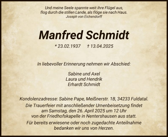 Todesanzeige von Manfred Schmidt von HNA
