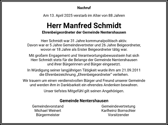Todesanzeige von Manfred Schmidt von HNA