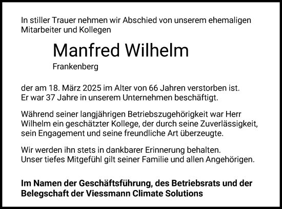 Todesanzeige von Manfred Wilhelm von HNA