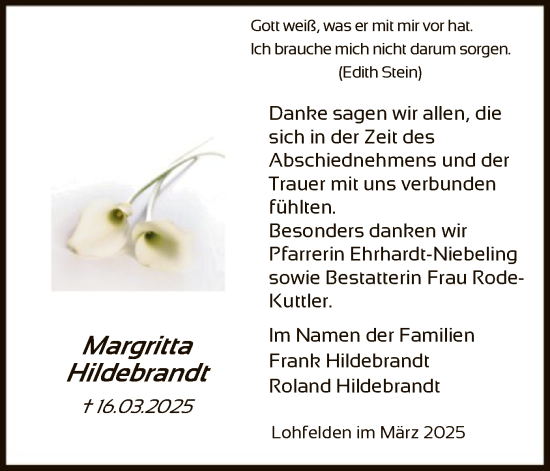 Todesanzeige von Margritta Hildebrandt von HNA