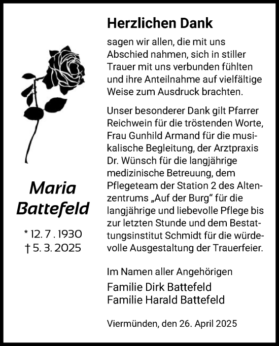 Todesanzeige von Maria Battefeld von HNA