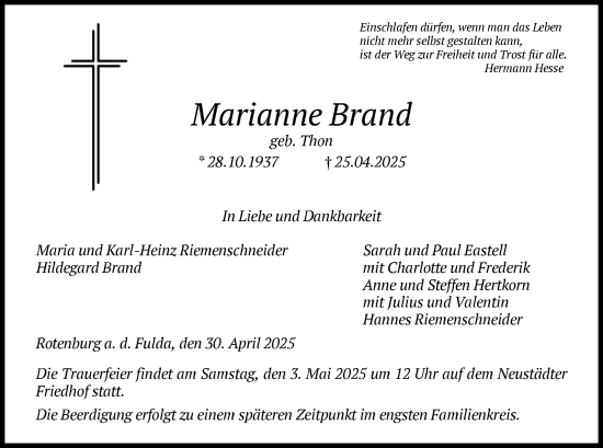 Todesanzeige von Marianne Brand von HNA