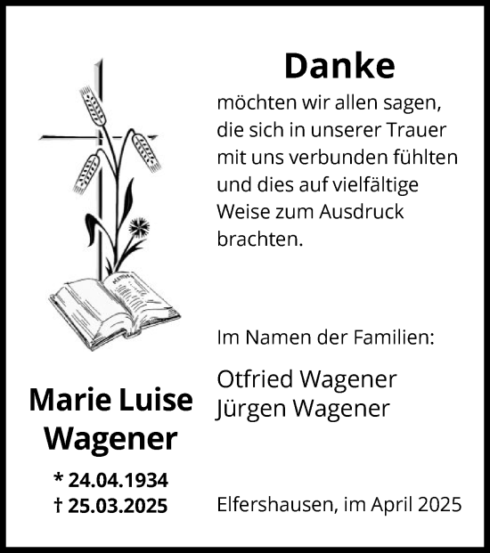 Todesanzeige von Marie Luise Wagener von HNA