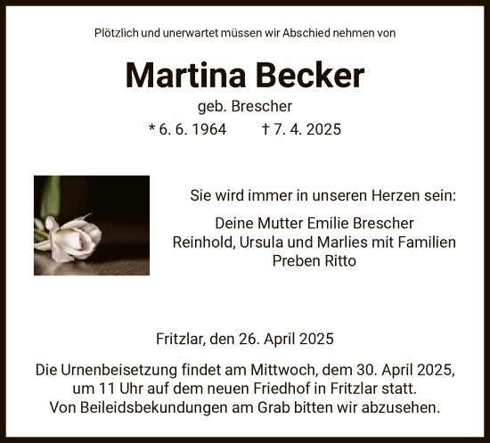 Todesanzeige von Martina Becker von HNA
