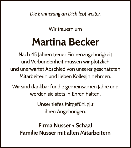 Todesanzeige von Martina Becker von WLZHNA