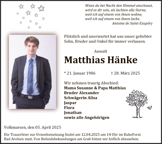 Todesanzeige von Matthias Hänke von HNA