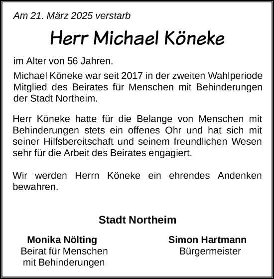 Todesanzeige von Michael Köneke von HNA