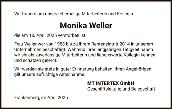 Todesanzeige von Monika Weller von HNA