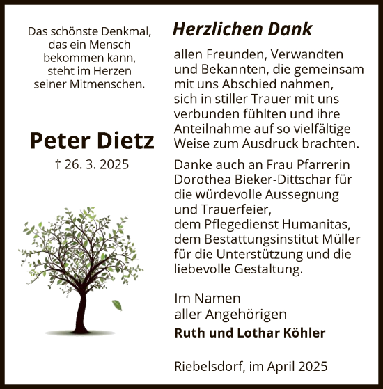Todesanzeige von Peter Dietz von HNA