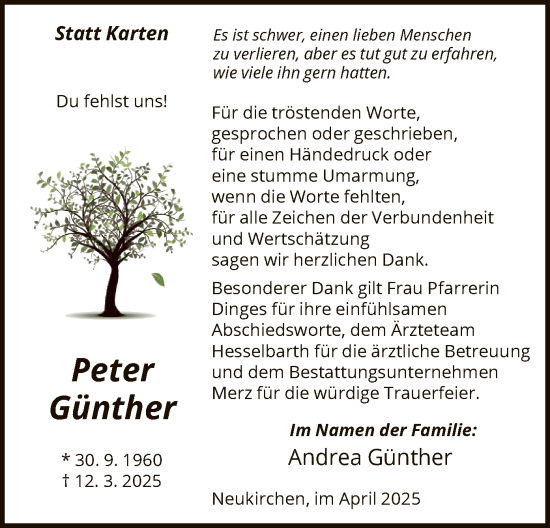 Todesanzeige von Peter Günther von HNA