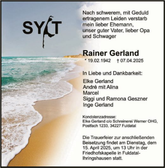 Todesanzeige von Rainer Gerland von HNA