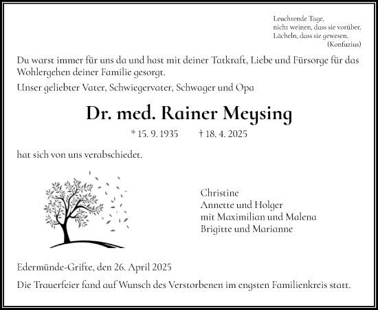 Todesanzeige von Rainer Meysing von HNAHNA