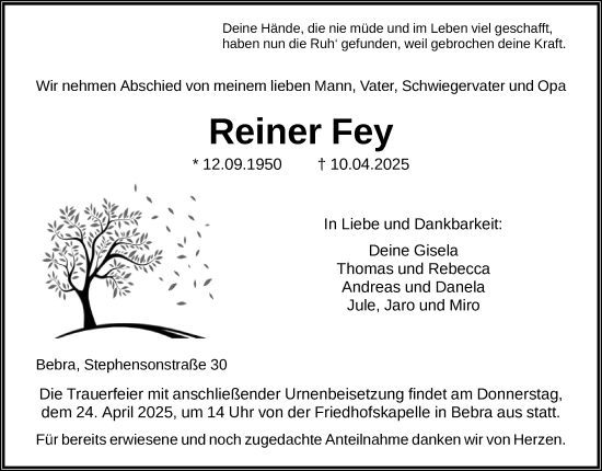 Todesanzeige von Reiner Fey von HNA