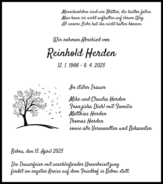 Todesanzeige von Reinhold Herden von HNAHNA