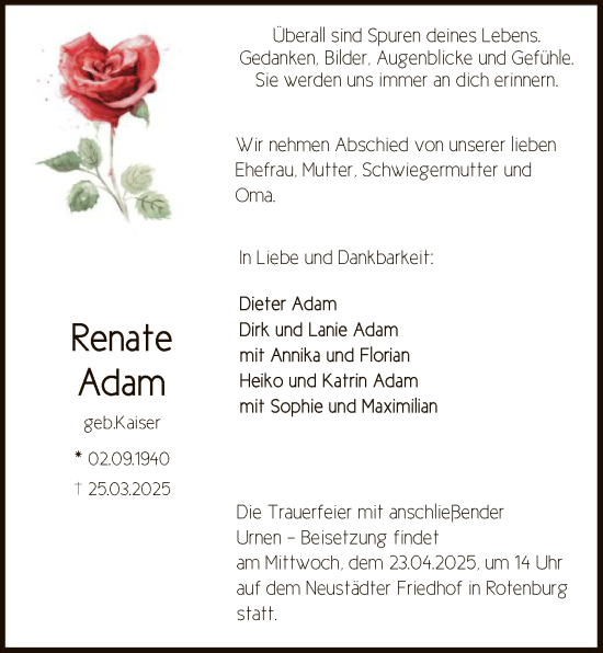 Todesanzeige von Renate Adam von HNA