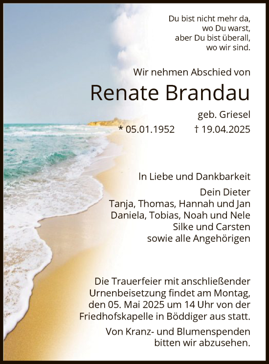 Todesanzeige von Renate Brandau von HNA