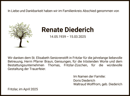 Todesanzeige von Renate Diederich von HNA