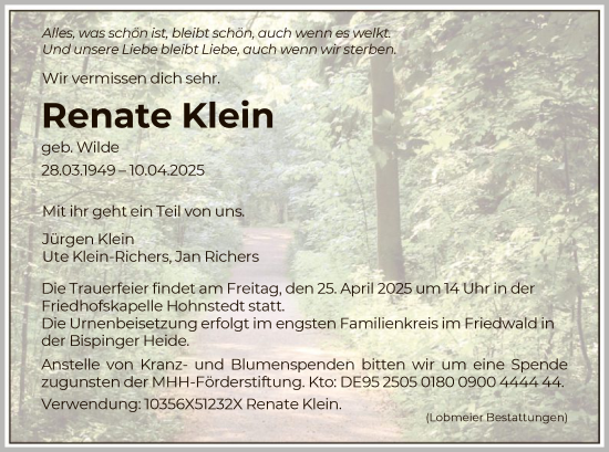 Todesanzeige von Renate Klein von HNA