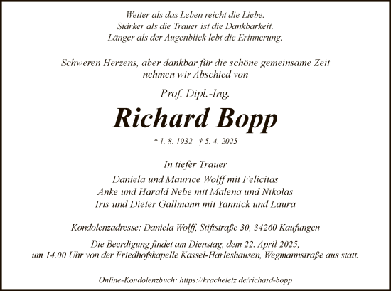 Todesanzeige von Richard Bopp von HNA