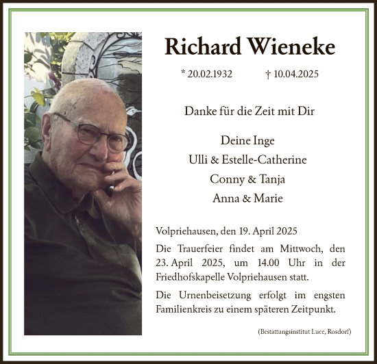Todesanzeige von Richard Wieneke von HNA