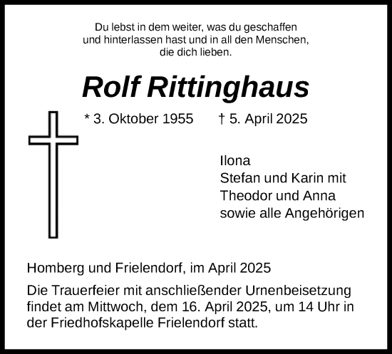 Todesanzeige von Rolf Rittinghaus von HNAHNA