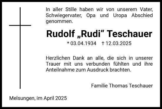 Todesanzeige von Rudolf Teschauer von HNA