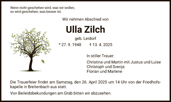 Todesanzeige von Ulla Zilch von HNA