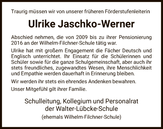 Todesanzeige von Ulrike Jaschko-Werner von HNAWLZ