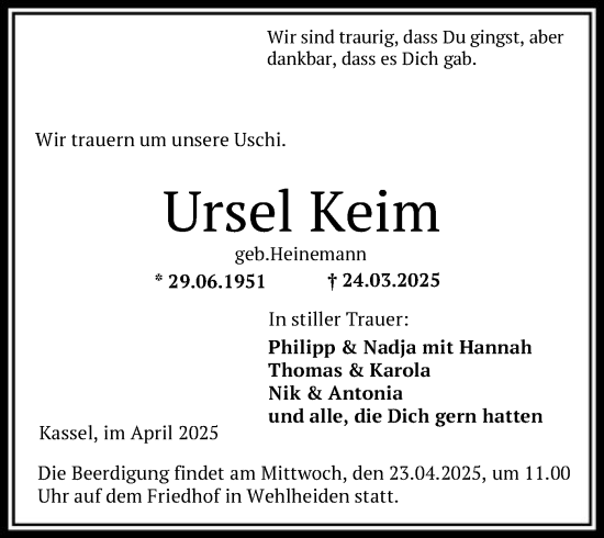 Todesanzeige von Ursel Keim von HNA