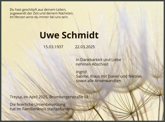 Todesanzeige von Uwe Schmidt von HNA