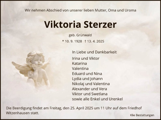 Todesanzeige von Viktoria Sterzer von HNA