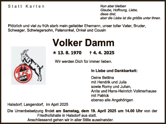 Todesanzeige von Volker Damm von HNA