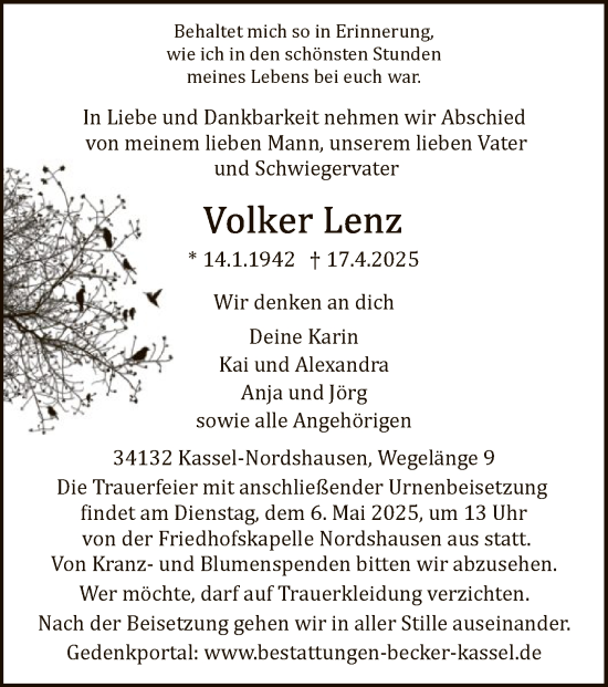 Todesanzeige von Volker Lenz von HNA