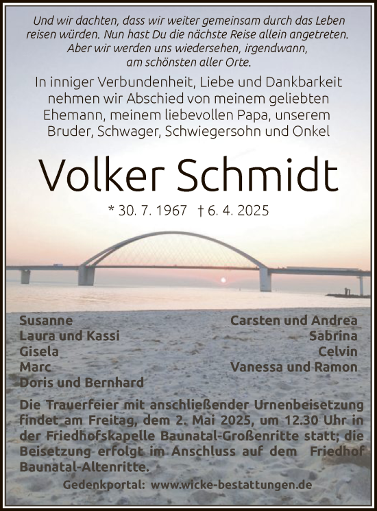 Todesanzeige von Volker Schmidt von HNA