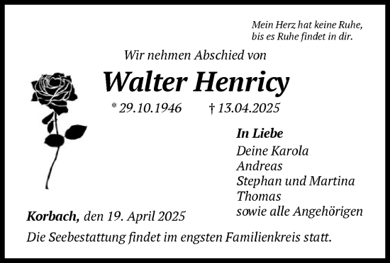 Todesanzeige von Walter Henricy von HNA