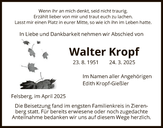 Todesanzeige von Walter Kropf von HNA