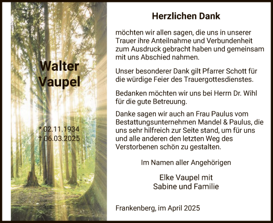 Todesanzeige von Walter Vaupel von HNA