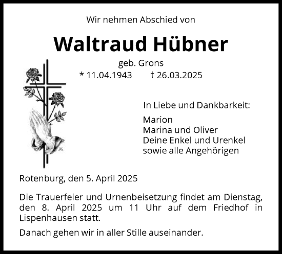 Todesanzeige von Waltraud Hübner von HNA
