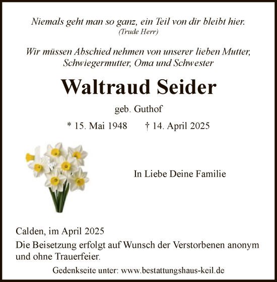 Todesanzeige von Waltraud Seider von HNA