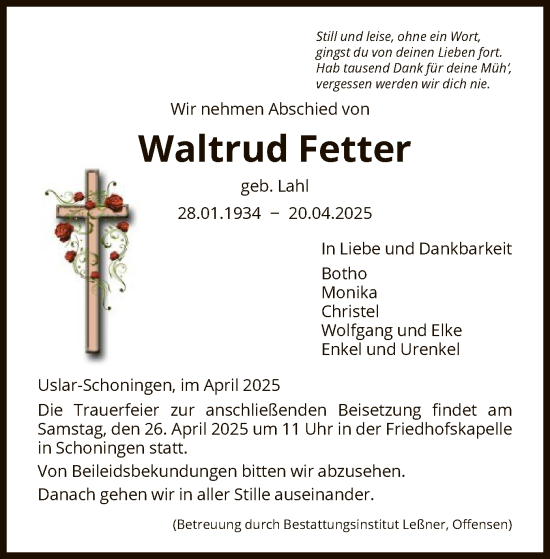 Todesanzeige von Waltrud Fetter von HNA