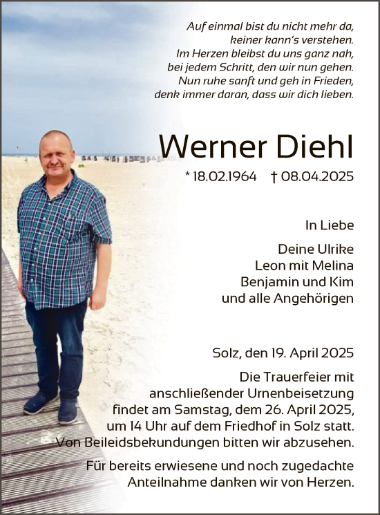 Todesanzeige von Werner Diehl von HNA