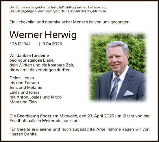 Todesanzeige von Werner Herwig von HNA